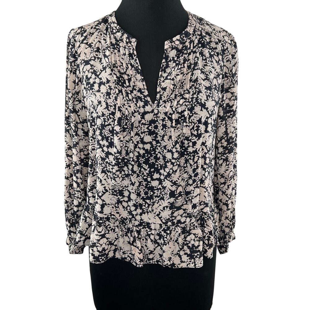 Rebecca Taylor Blush Pink Black Floral 100% Silk Ruffle Hem Popover Blouse Top 6
